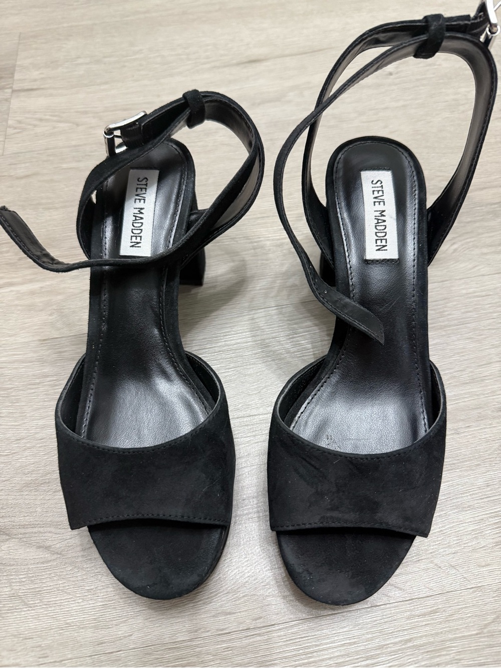 Steve Madden Black Suede Ankle-Strap Small Block Heels